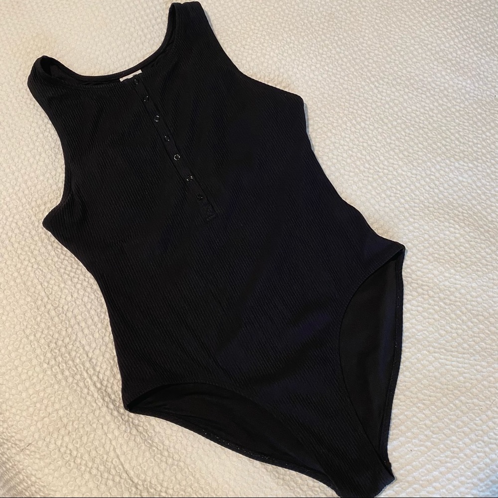 Andie Swim The Malibu XL Ribbed One Piece Swimsuit Black High Neck Henley Snap